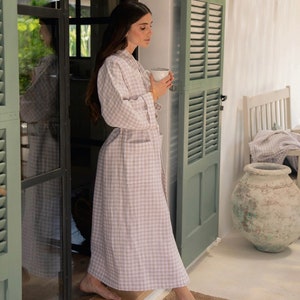 Linen robe MAJORCA in natural gingham Long sleeve linen dressing gown Spa sauna robe Robes for women image 5