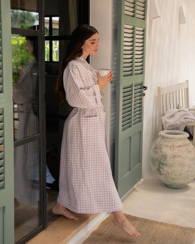 Linen robe MAJORCA in natural gingham Long sleeve linen dressing gown Spa sauna robe Robes for women image 5
