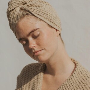 Woodrose Leinen Baumwolle Haar Turban Handtuch - Waffelgewebe Kopftuch mit Knopf - Schnelltrocknendes Handtuch für Spa, Dusche, Maske oder Ölbehandlung Beige