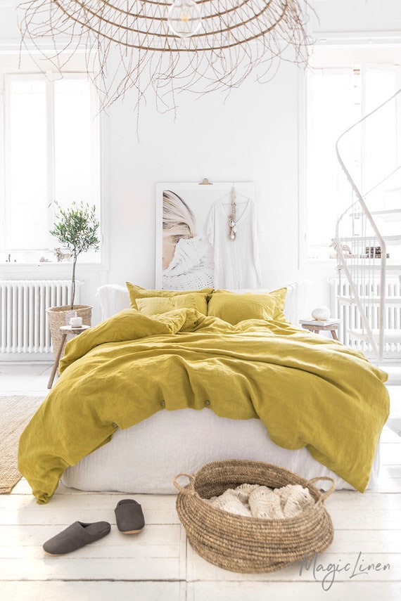 Linen bedding set in Moss Yellow. Linen Yellow bedding | Etsy