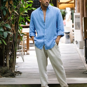 Beige Men's Linen Shirt – Classic Button-Down Shirt for Men – Long Sleeve Lightweight Linen Outfit, Look – Organic Clothing SINTRA Blue striped