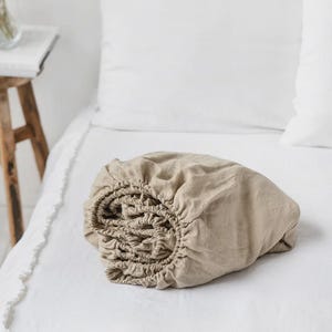 Natural Oatmeal Linen Fitted Sheet – Beige Gray Linen Bedding – Queen King Deep Pocket Bed Sheet – Soft Stonewashed OEKO European Linen