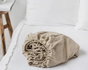 Natural Oatmeal Linen Fitted Sheet – Beige Gray Linen Bedding – Queen King Deep Pocket Bed Sheet – Soft Stonewashed OEKO European Linen