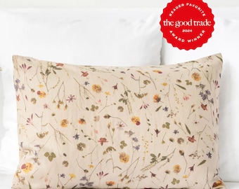 Taie d'oreiller en lin à motif botanique – Taie d'oreiller douce en lin à fleurs – Housse de coussin décorative aux tons naturels – Linge de lit en lin lavé aux pierres, sur mesure