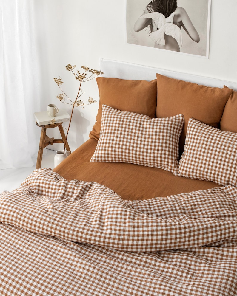 Linen duvet cover in Cinnamon gingham. Queen King duvet cover. Farmhouse bedding. Checkered bedding. 100% linen. Custom sizes available image 1