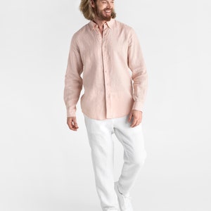 Men's linen shirt WENGEN in Light pink. Long sleeve linen shirt for men. Button down shirt. 3XL Available Light pink