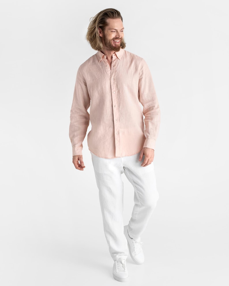 Men's linen shirt WENGEN in Light pink. Long sleeve linen shirt for men. Button down shirt. 3XL Available Light pink