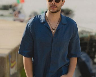 Mens Linen Camp Collar Shirt – Short Sleeve Navy Linen Shirt – Relaxed Fit Summer Shirt – Breathable Resort Wear – Vacation Outfit KEY WEST