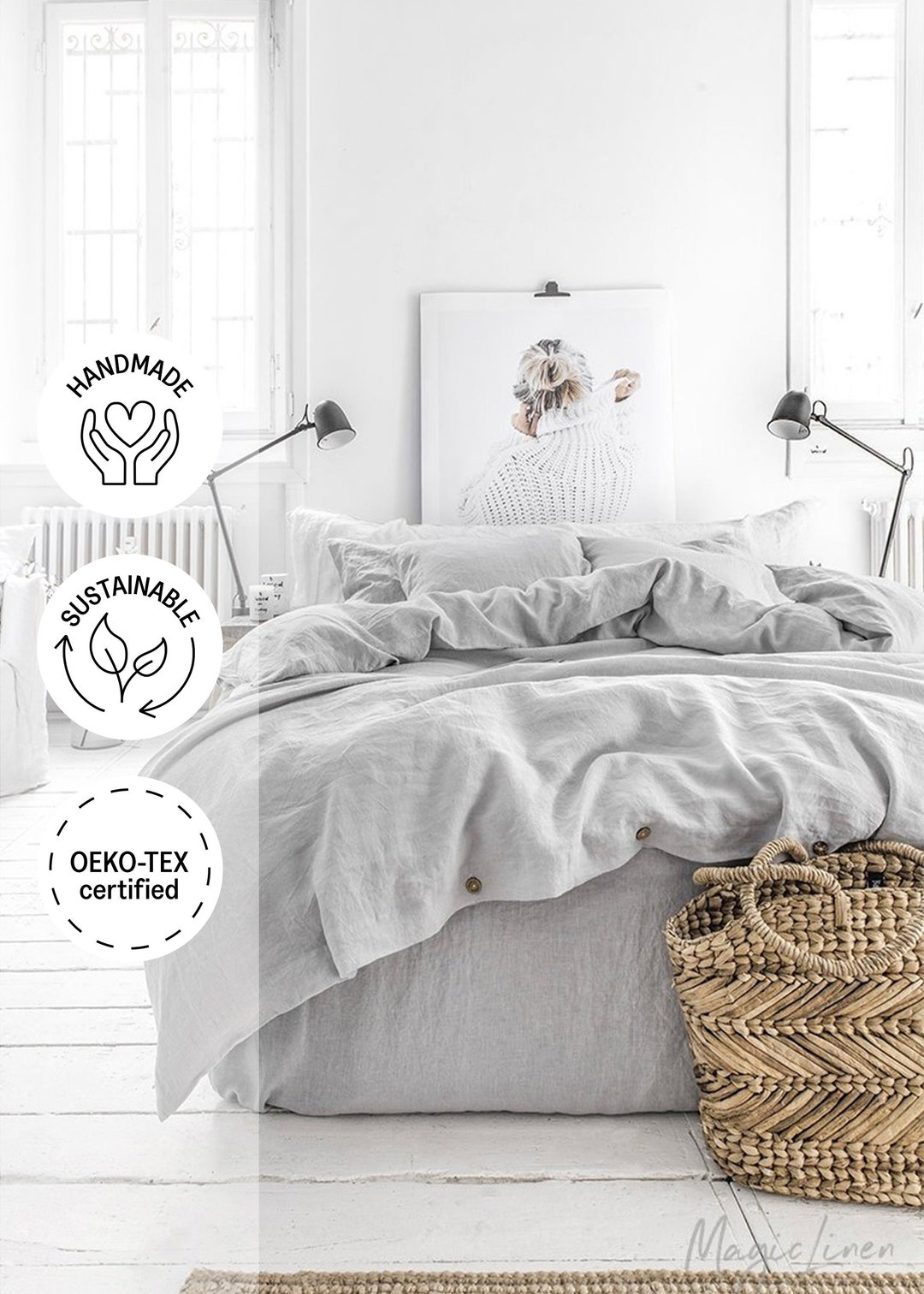 Image showcasing Linen Bedding Set in Light Gray. King / Queen Linen Duvet Cover Set ...