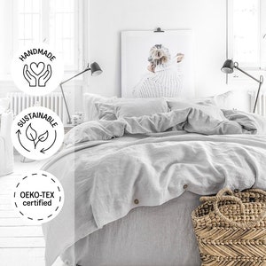 Linen bedding set in Light Gray. King / Queen linen duvet cover set with 2 pillowcases.