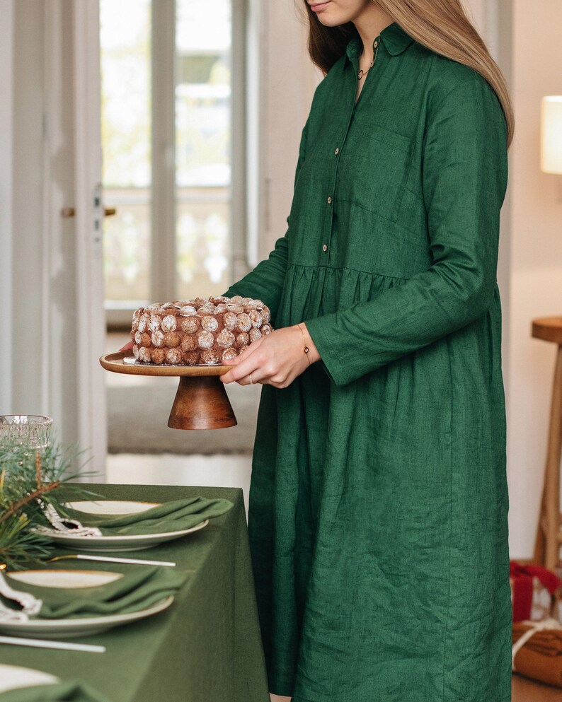 Linen Shirt Dress NESSO / Green Loose Fit Linen Top / Long Etsy