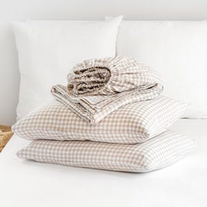 Natural Gingham Linen Sheet Set – Neutral Checkered Bed Sheets – Stonewashed Flat Sheet, Fitted Sheet and Pillowcases – Soft Rustic Bedding