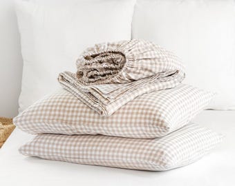 Natural Gingham Linen Sheet Set – Neutral Checkered Bed Sheets – Stonewashed Flat Sheet, Fitted Sheet and Pillowcases – Soft Rustic Bedding