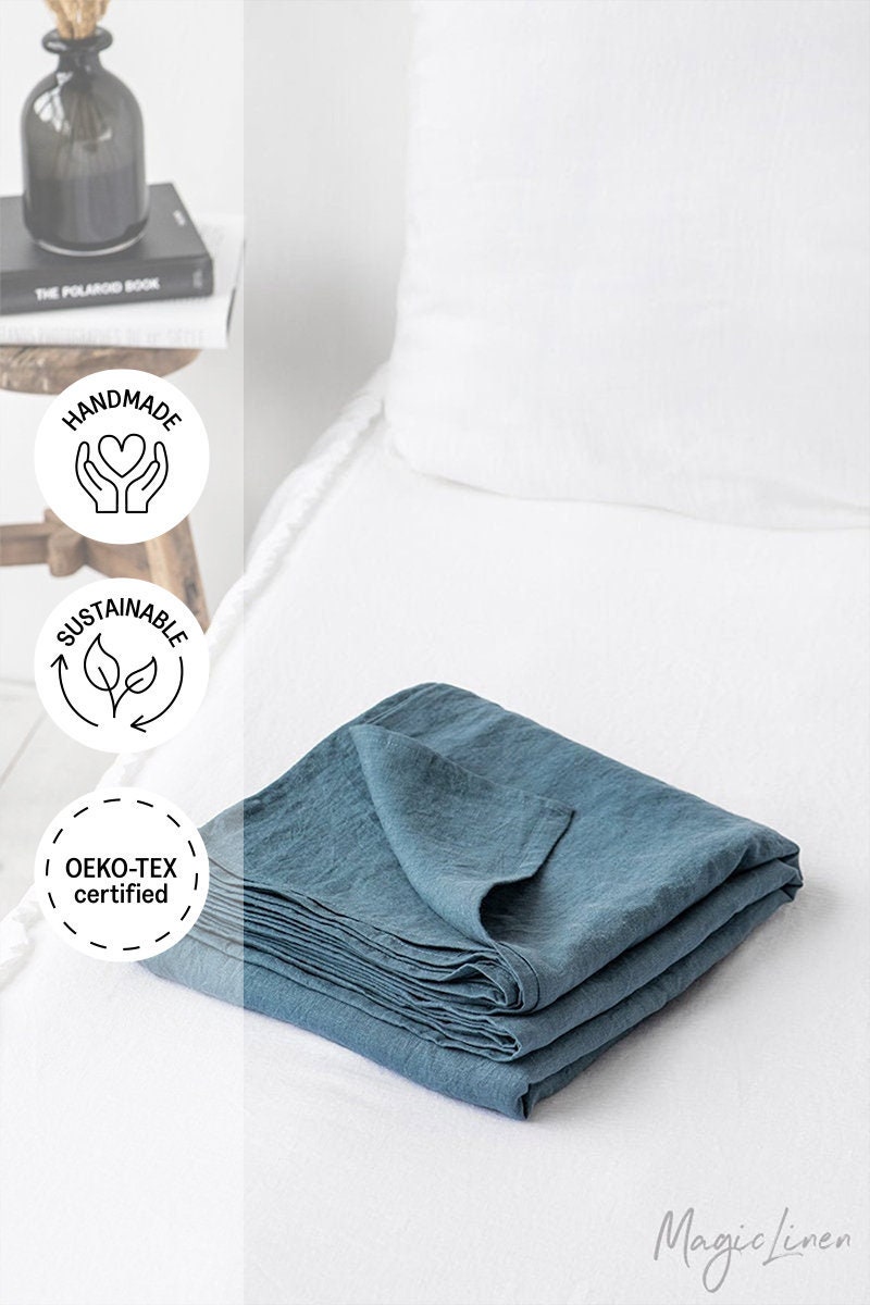 Drap Plat en Lin Bleu Gris. King, Queen, Drap de Lit Personnalisé. Literie Linge Lavé.