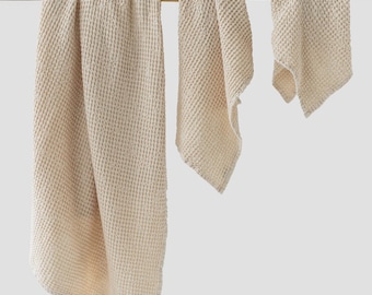 Vanille Leinen Waffel Handtuch Set - 3-teilige stonewashed Leinen Badetücher - Umweltfreundliches minimalistisches Badezimmer Geschenk - Neutrales natürliches Dekor