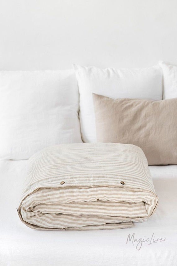 Natural Striped Linen Duvet Cover. King, Queen, Custom Sizes. Soft