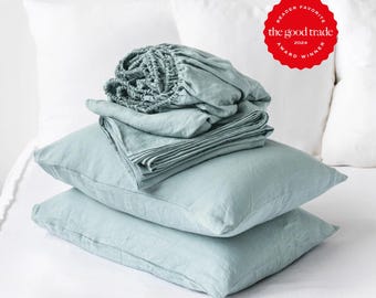 Dusty Blue Linen Sheet Set – Coastal Stonewashed Bedding – Breathable Flat Sheet, Fitted Sheet, Pillowcases – OEKO-TEX Certified Pure Linen