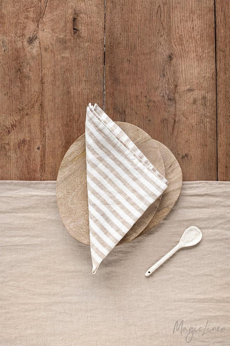 Natural Striped Linen Napkins Set of 2 – Ivory and Oatmeal Flax – Soft Washed Cloth Napkins – Neutral Striped Table Linens – Nautical Decor image 1