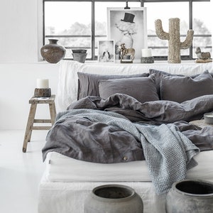 Linen bedding set in Charcoal Gray Dark Gray color. King, Queen linen duvet cover 2 pillowcases. image 5