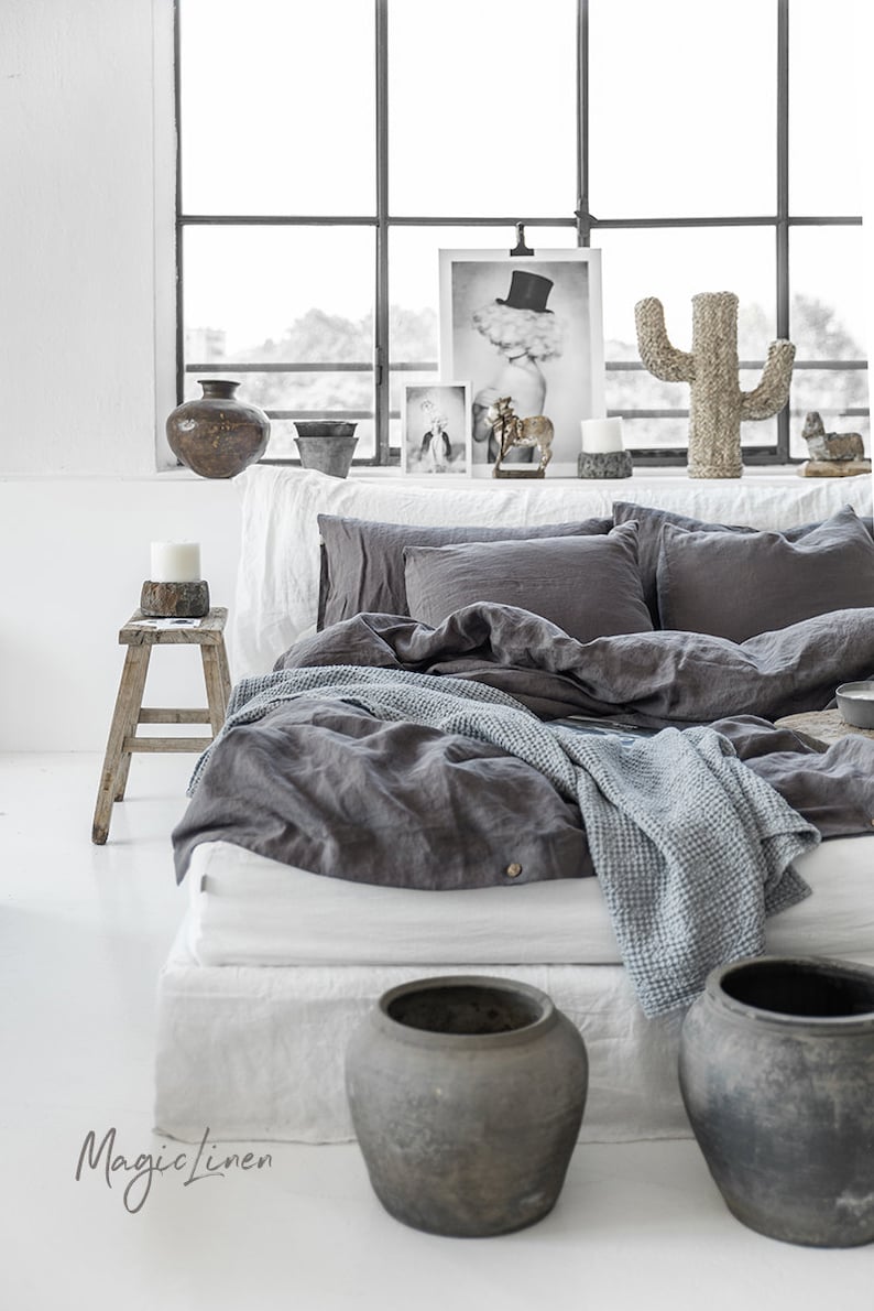 Linen bedding set in Charcoal Gray Dark Gray color. King, Queen linen duvet cover 2 pillowcases. image 5