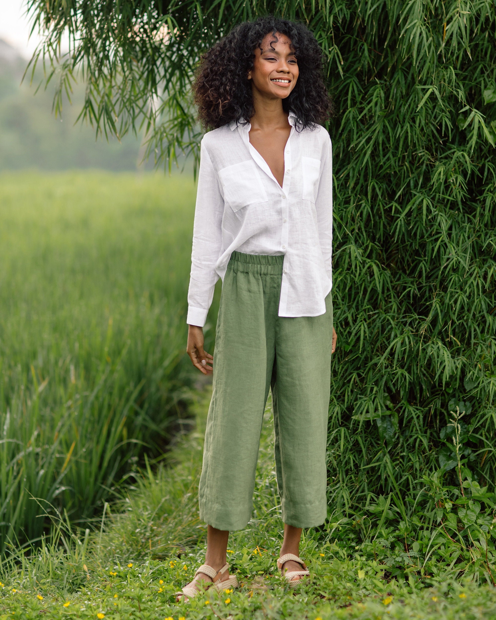 Green Linen Culottes – Wide Leg Lightweight Linen Pants for Women