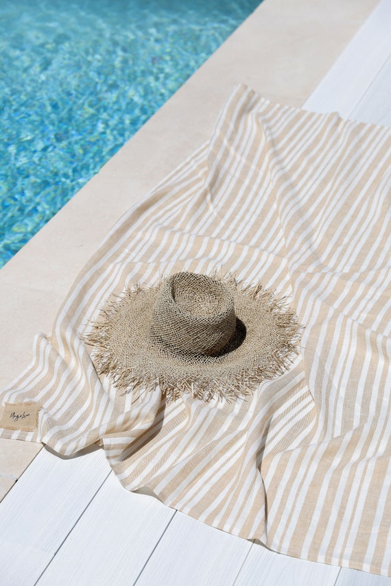 Linen Beach Towel Beach Blanket Striped Linen Picnic Blanket Etsy