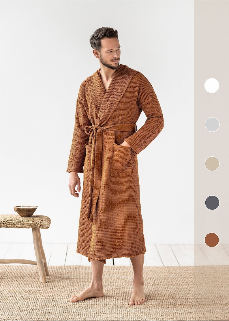 Men's linen waffle robe / Unisex linen robe / Waffle bath robe for men / Loungwear for men Cinnamon