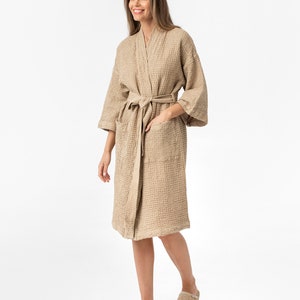 Linen waffle robe in beige / Kimono robe / Soft, absorbent waffle linen / Linen bathrobe kimono image 3