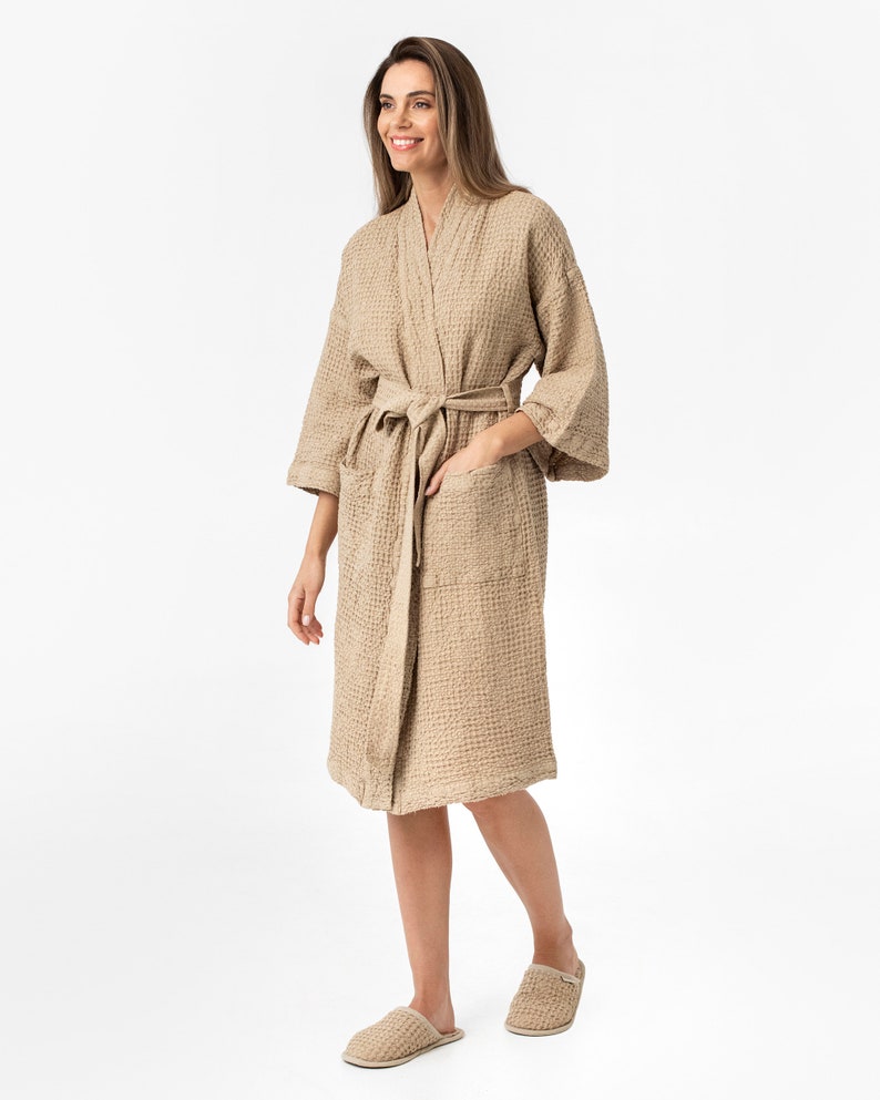 Linen waffle robe in beige / Kimono robe / Soft, absorbent waffle linen / Linen bathrobe kimono image 3