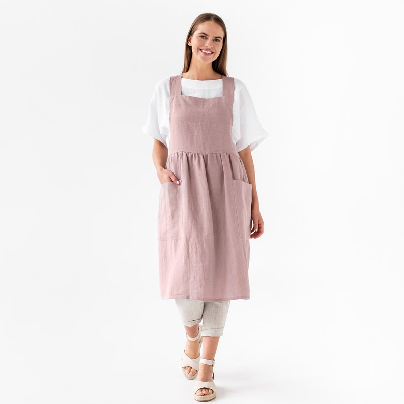 Linen pinafore apron Pinafore dress with pockets Stonewashed linen apron for cooking and gardening Woodrose