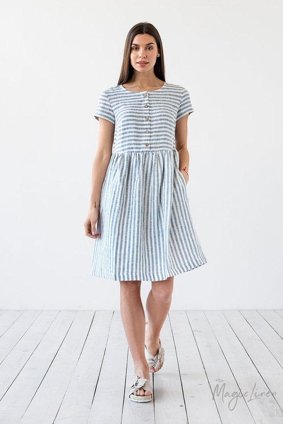 blue and white striped linen dress