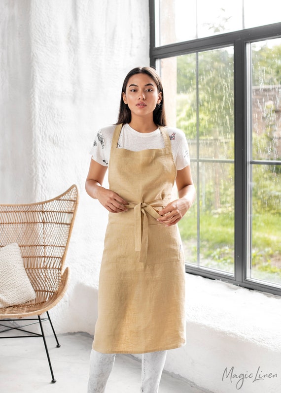 Womens Linen Apron / for Cooking, Gardening, Front Pockets