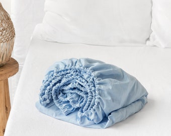 Linen-cotton fitted sheet in Sky blue, twin Queen King bed sheets, custom sizes, boho bedding