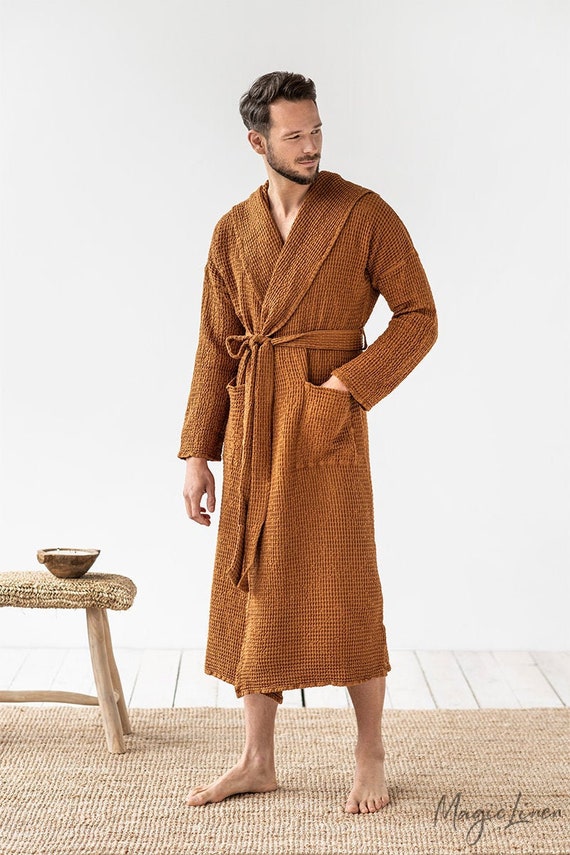 Men's linen waffle bath robe. Unisex linen robe. Waffle Etsy