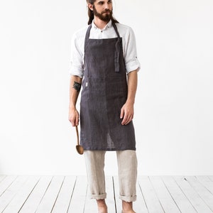 Linen apron for men. Cooking apron in brown, gray, blue colors. Apron with pockets. BBQ apron Charcoal gray