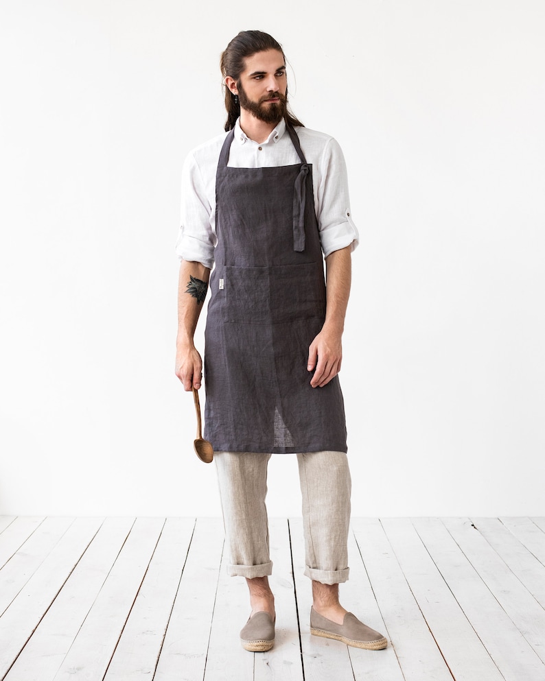 Linen apron for men. Cooking apron in brown, gray, blue colors. Apron with pockets. BBQ apron Charcoal gray