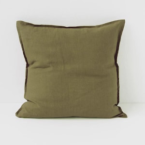 Olive Green Linen Pillow Cover with Button Closure – Earthy Flax Cushion Case – Handmade Stonewashed Throw Pillow for Natural Cozy Decor