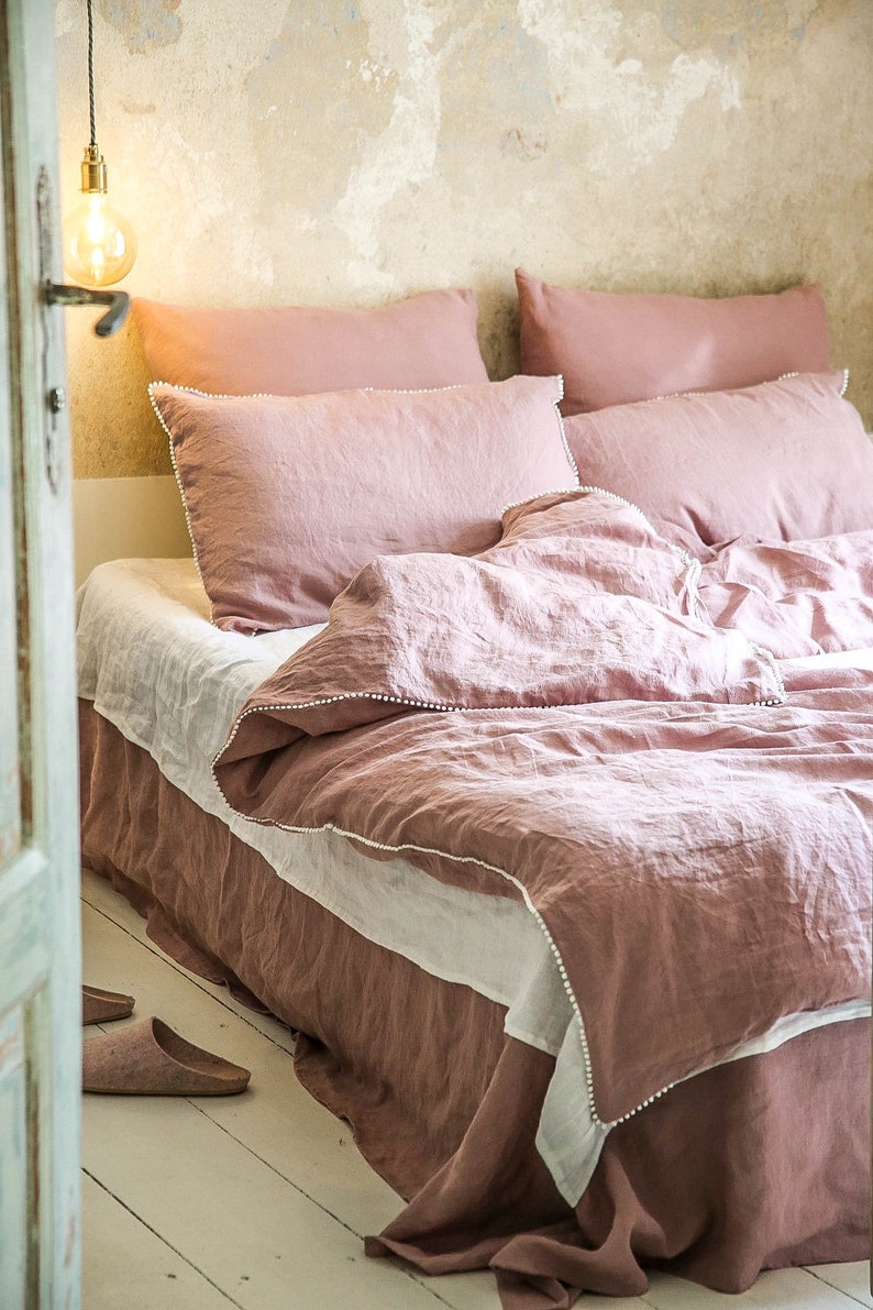 Linen Duvet Cover With Pom Trim Washed Bedding 50