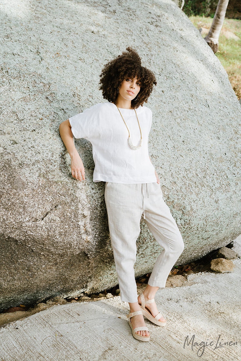 Linen pants DOMME in Natural melange. Loose linen trousers with elastic waistband. Linen clothing for women. image 3