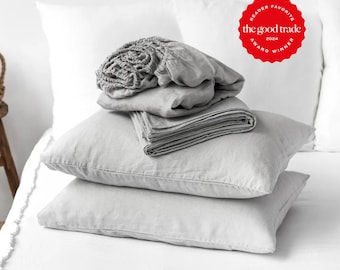 Lichtgrijze linnen lakenset – Zachte, neutrale, stonewashed beddengoed – Ademend plat laken, hoeslaken en kussenslopen – Pure OEKO-TEX linnen set