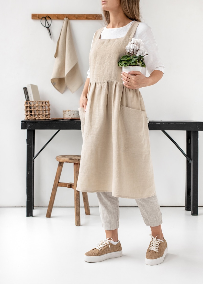Linen pinafore apron Pinafore dress with pockets Stonewashed linen apron for cooking and gardening Natural