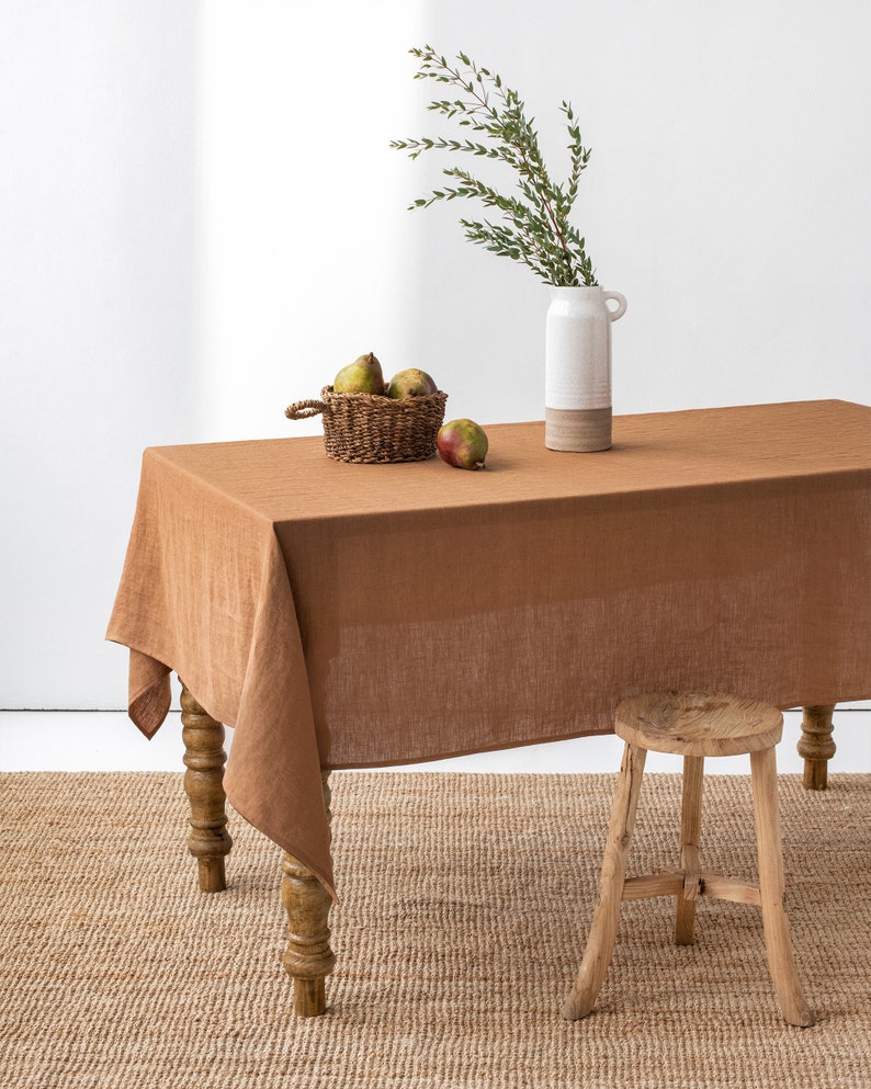 Linen tablecloth in various colors. Round, square, rectangular table linens. Custom linen fabric tablecloth. Cinnamon