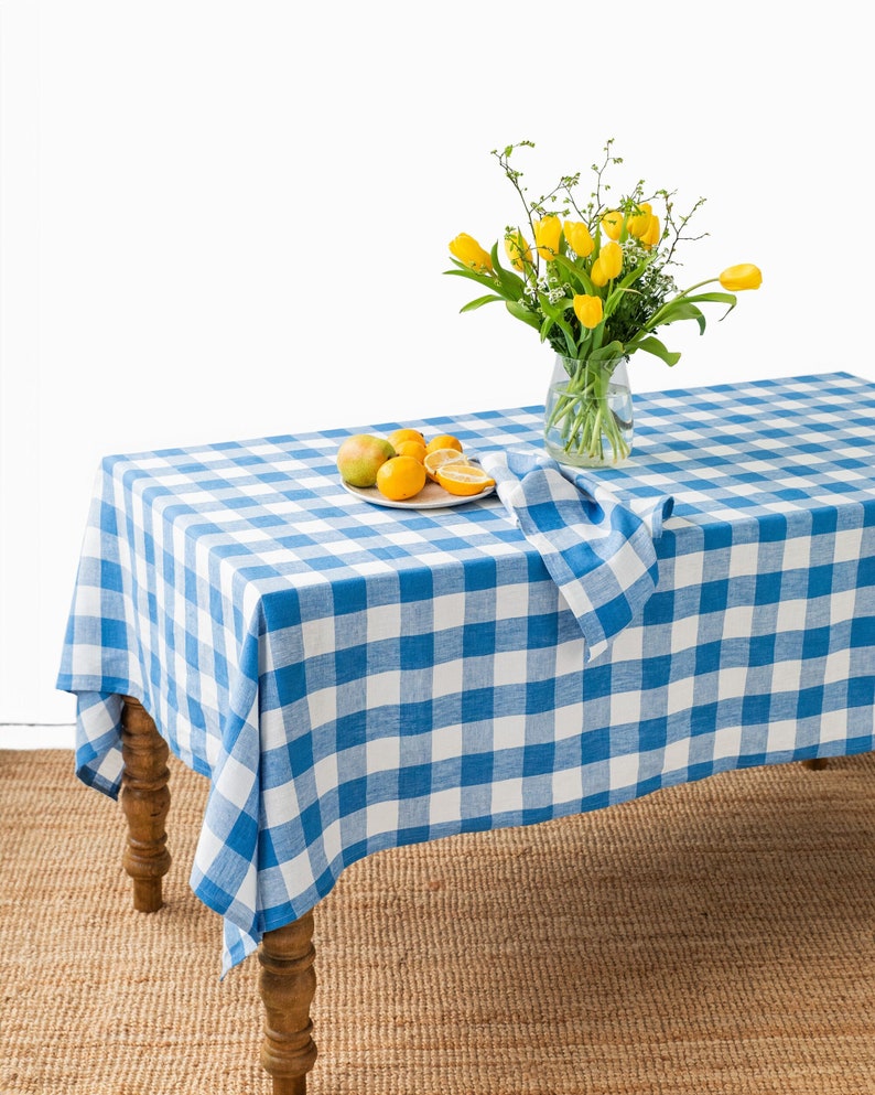 Linen tablecloth in Cobalt blue gingham. Farmhouse tablecloth. Large tablecloth. Handmade stonewashed, housewarming gift image 1