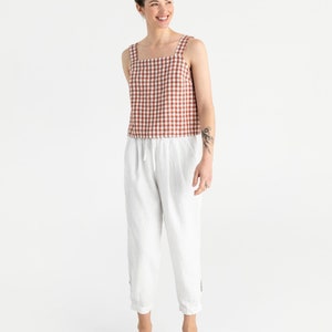 Sleeveless linen top OLINDA in Wheat. Linen blouse. Linen crop top. Basic linen top for women Clay gingham