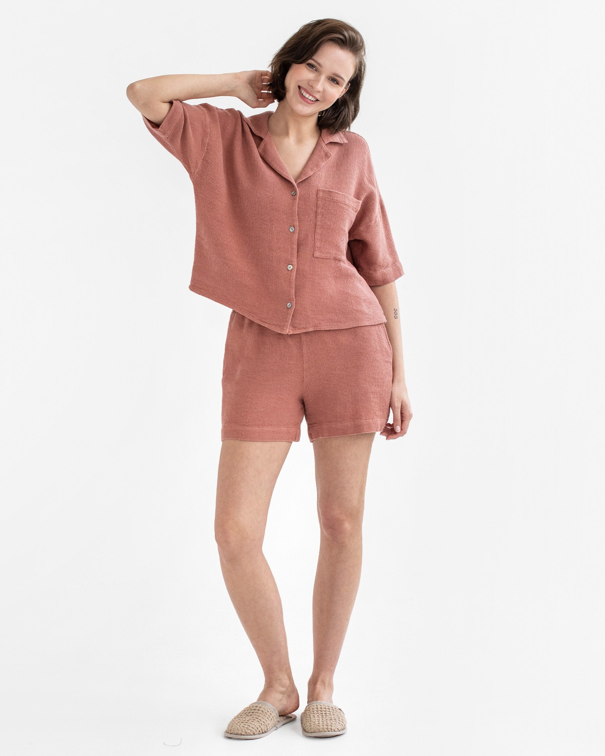 Waffle Linen Shirt – Burnt Sienna Cropped Linen Summer Shirt