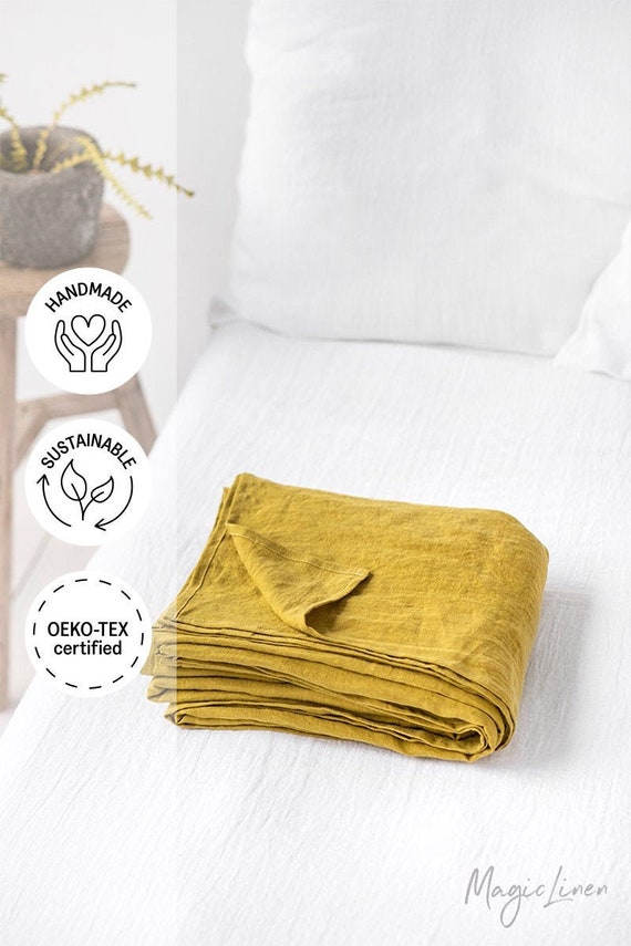Linen Flat Sheet in Moss Yellow. Custom Size Flat Bed Sheets. Queen, King  Linen Top Sheet. 