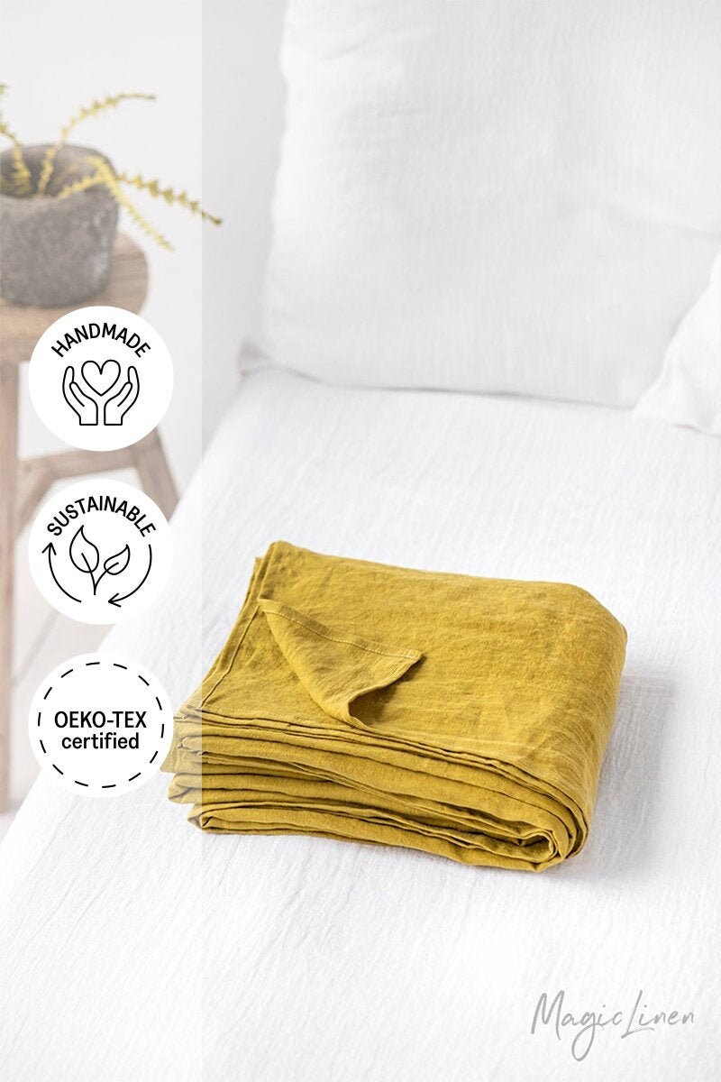 Drap Plat en Lin Jaune Mousse. Draps Plats de Taille Personnalisée. Drap Supérieur Queen, King.