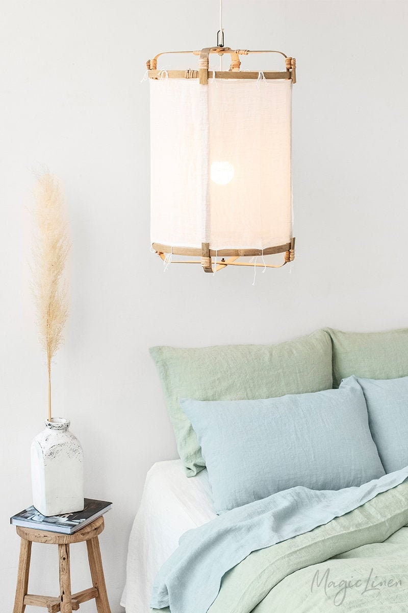 Suspension en Lin, 100% Lin Pur, Cadre Bambou, Lumière Suspendue, Abat-Jour Scandinave, Décor Rustiq