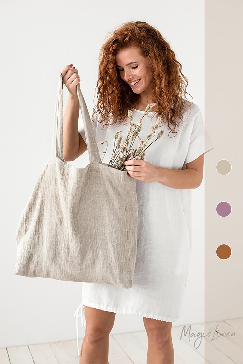 Large linen bag. Linen tote bag. Roomy linen shopping bag in various colors. image 1