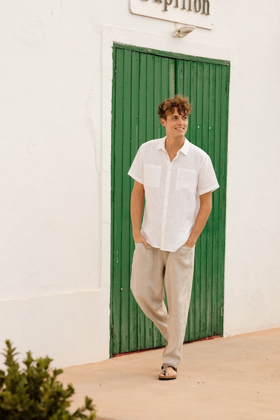 Mens Linen Pants - Natural Melange Trousers with Elastic Waist and Cargo Pockets - Breathable Clothing - Lightweight Outfit Truckee